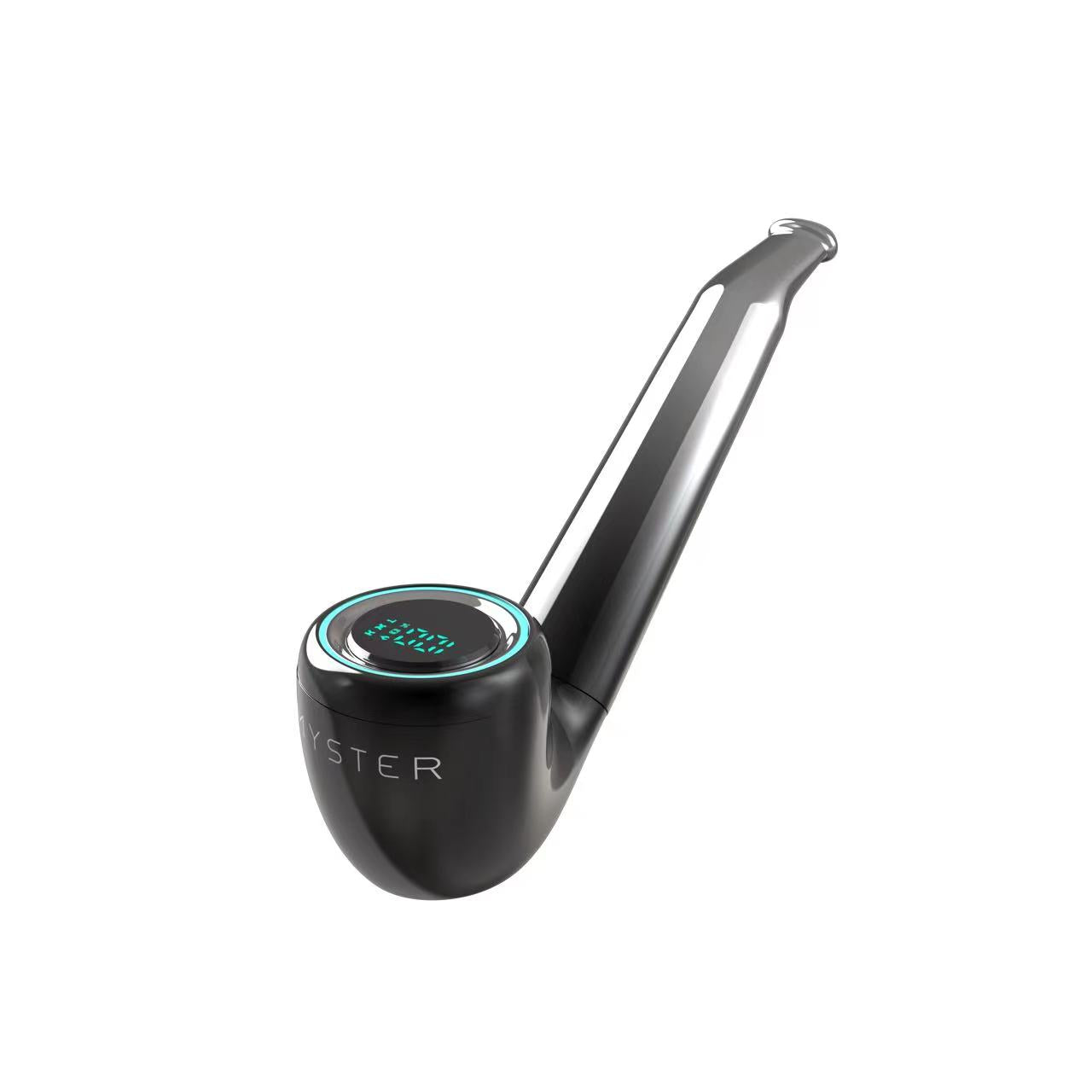 A single profile view of the Myster PYPE 510-thread vape battery in polished chrome finish, showcasing its unique classic pipe shape, high-gloss shine, and integrated top digital display. Secure yours at Bong Bros!