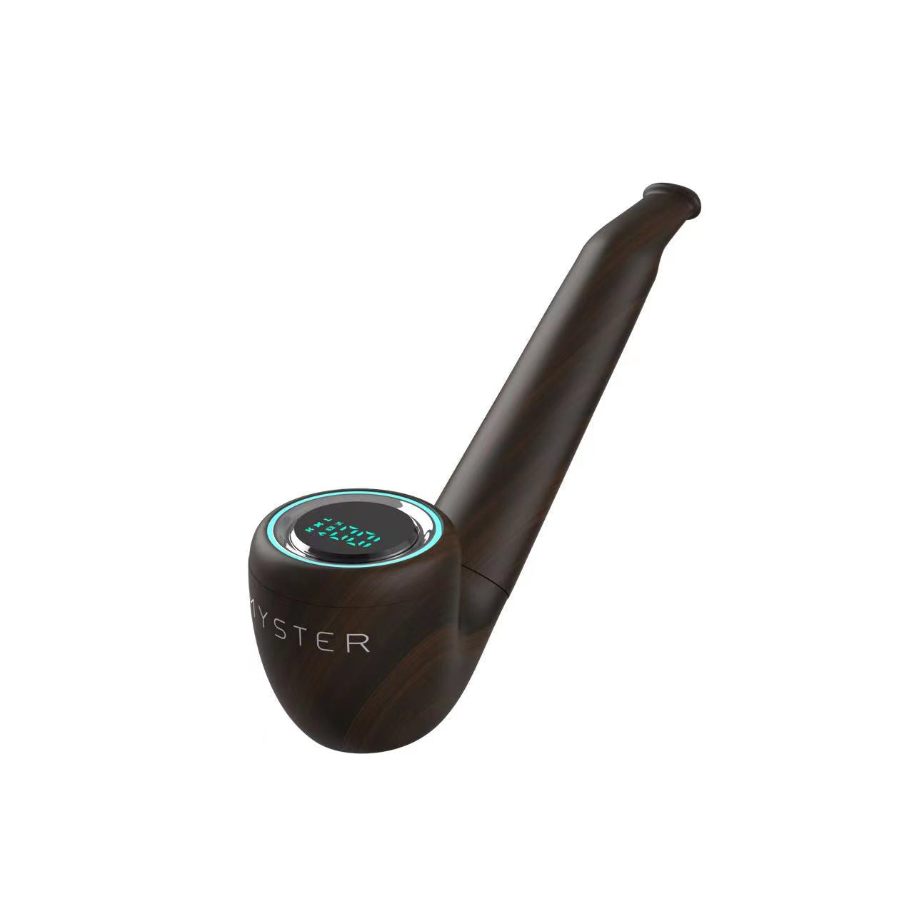 A profile view of the Myster PYPE 510-thread vape battery in a realistic wood grain finish, featuring its unique classic tobacco pipe shape and integrated top digital display screen. Get this sophisticated vape at Bong Bros!