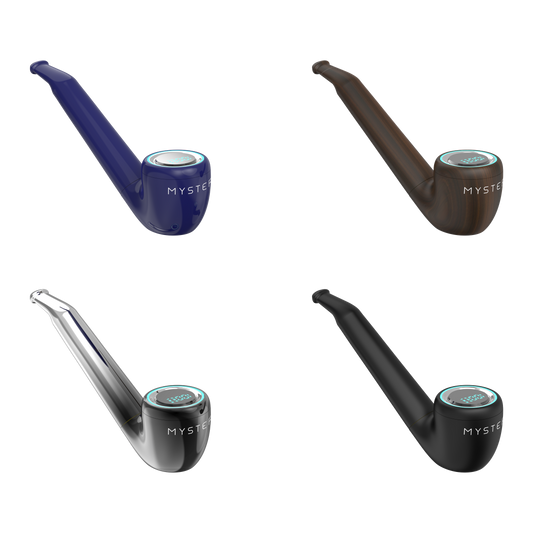 Four Myster PYPE 510-thread vape batteries in blue, wood grain, chrome, and matte black, featuring a classic pipe-shaped design with a digital top display and Myster branding. Shop the collection at Bong Bros!