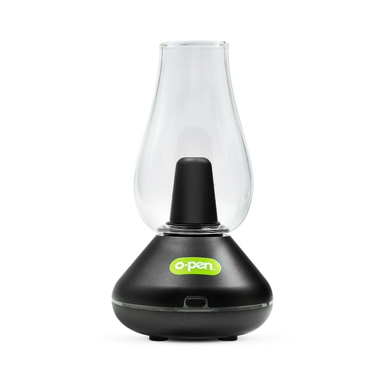 A front-facing view of the O.pen Sesh Vaporizer featuring the lime green O.pen logo and the central control button. The image displays the clear, lantern-style glass cup and the minimalist design of the single-button interface used for voltage and dose control.