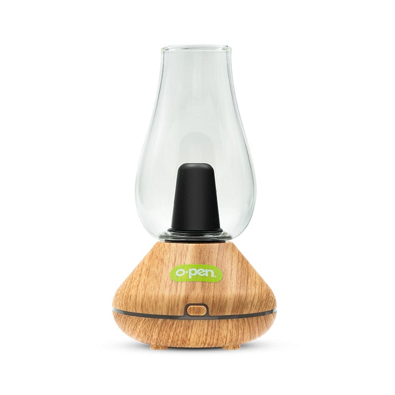 A front-facing view of the O.pen Sesh in Oak. This shot showcases the natural wood-grain aesthetic of the base, offering a sophisticated alternative to the matte black finish while maintaining the same signature lime green O.pen branding and single-button control.