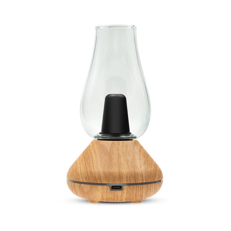 A rear-profile shot of the O.pen Sesh Electric Dab Rig in Oak. The image showcases the wood-grain texture of the base and the conveniently located USB-C charging port, highlighting the device's blend of classic aesthetics and modern technology.