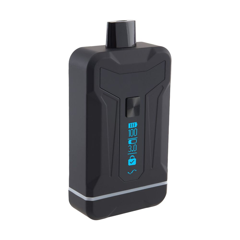 A crisp front profile studio shot of the Ooze Duet dual cartridge vape battery in solid Matte Black. The image emphasizes its stealthy, low-profile colorway, showing the seamless alignment of the protective concealment cover over the body, with the black-on-black Ooze branding visible near the base.