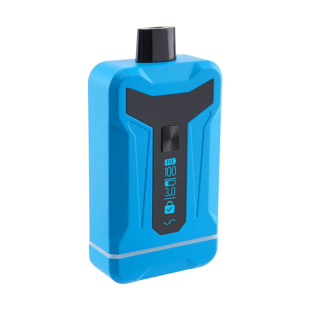 A clean, front-facing studio product shot of the Ooze Duet dual 510 cartridge vape battery in Royal Blue. The device is shown fully assembled with its matching magnetic cover securely attached, highlighting the smooth, matte blue finish, the crisp digital display screen, and the single square central activation button.