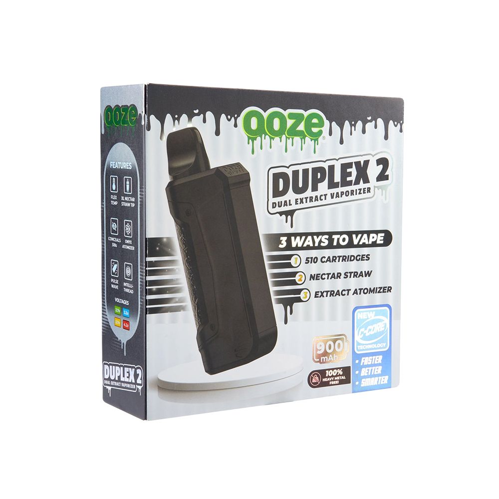 Ooze Duplex 2 retail packaging in Arctic Blue, detailing the "Sub-Ohm Dual Extract Vaporizer" branding and C-Core features.