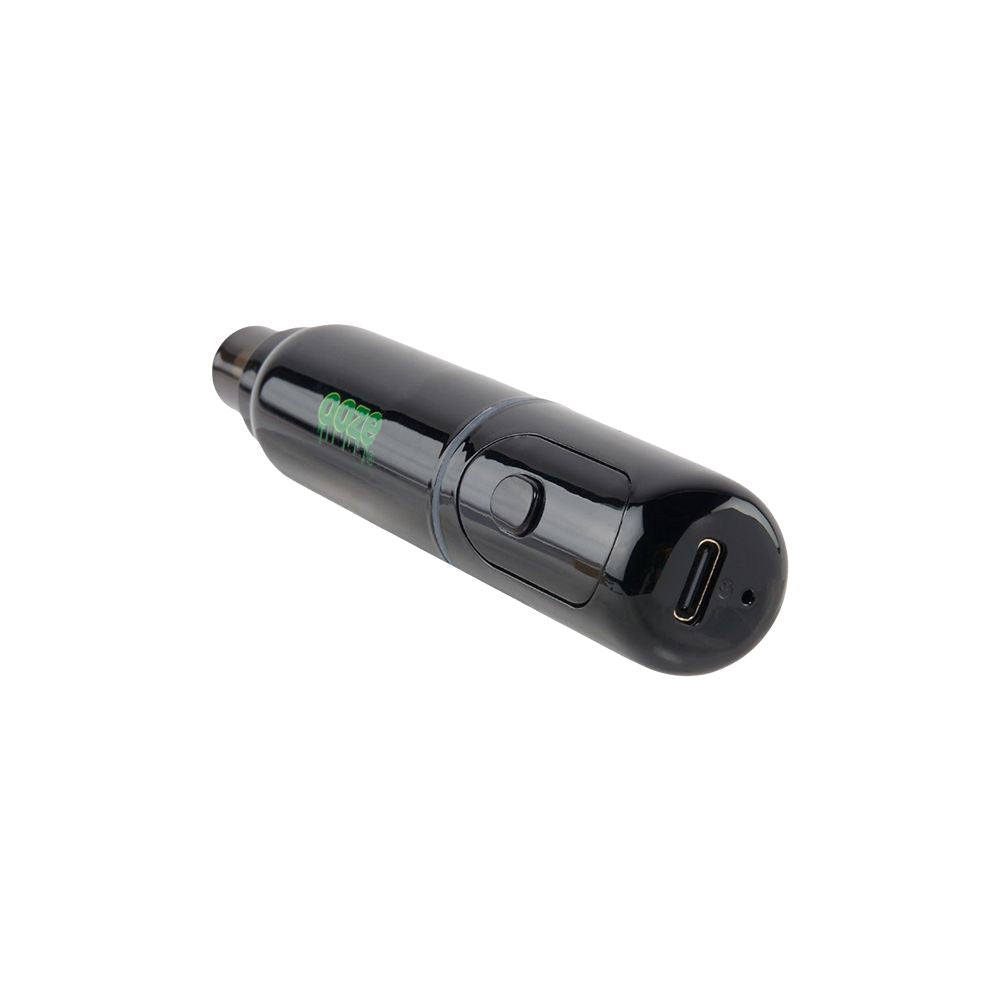The Ooze Hivo laying horizontally to showcase the USB-C rapid charging port located on the base of the sleek, black frame.