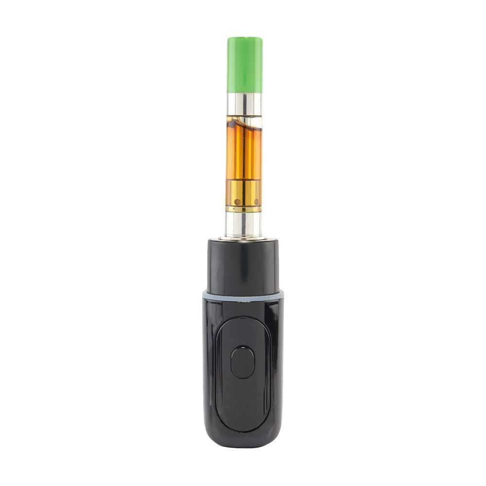 The Ooze Hivo with the magnetic mouthpiece cover removed, revealing a fully installed 510-thread cartridge secured within the protective wide-body chamber.