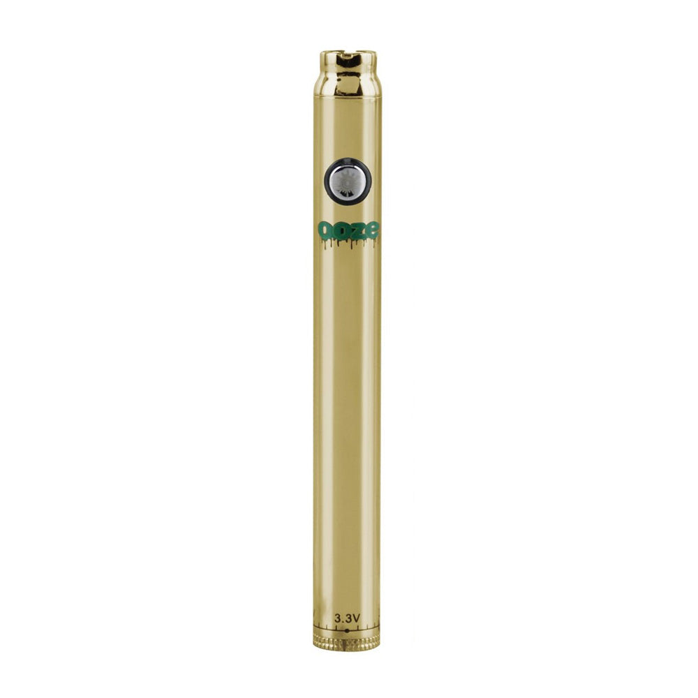 A detailed view of the Ooze Slim Twist Pen in Lucky Gold. This shot highlights the high-polish, reflective gold finish of the 320mAh battery, emphasizing the tactile firing button and the sleek, pen-style form factor that provides a luxury aesthetic at an affordable price point.