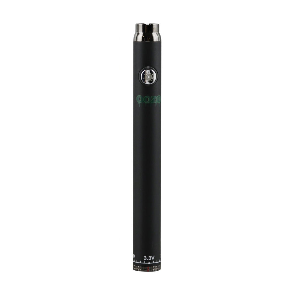 A detailed view of the Ooze Slim Twist Pen in Panther Black. This shot showcases the classic matte-style black finish, emphasizing the signature Ooze branding and the tactile voltage adjustment dial located at the base of the device.