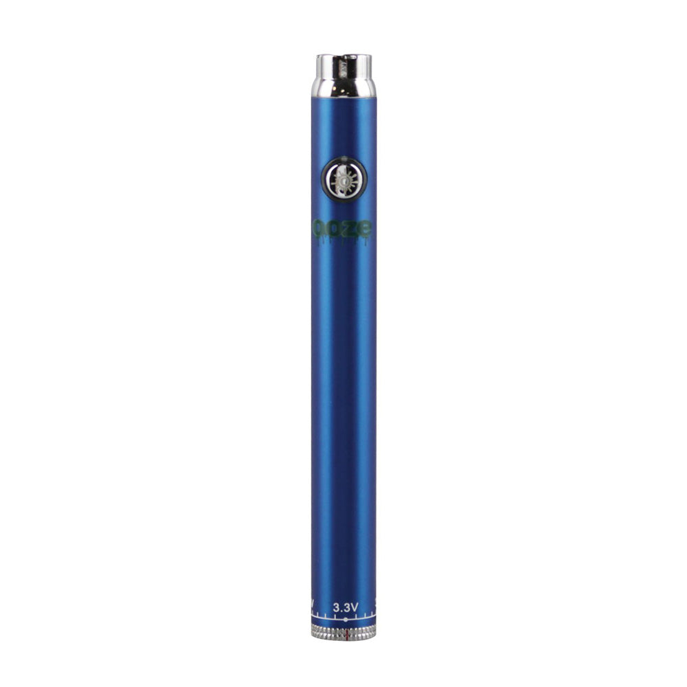 A vibrant shot of the Ooze Slim Twist Pen in Sapphire Blue. The image showcases the deep, metallic blue finish of the battery, highlighting the signature Ooze logo and the top 510-thread connection, illustrating a bold and stylish color option for 510-threaded cartridges.