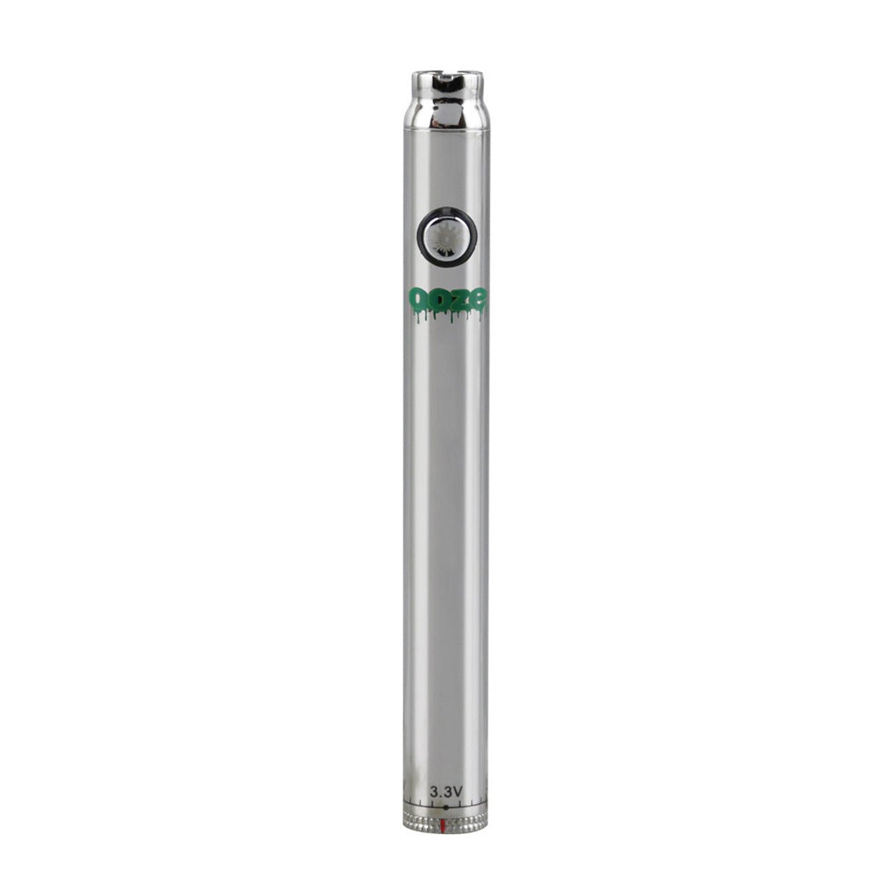 A sleek profile shot of the Ooze Slim Twist Pen in Silver. The image highlights the polished metallic finish of the 510-thread battery, showing the textured firing button and the compact, pen-style silhouette that makes it a discreet choice for on-the-go use.