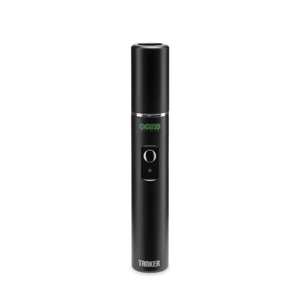 The Ooze Tanker 510 Battery in a sleek Black finish, standing upright. This front view highlights the device's unibody design, the protective thermal cartridge chamber at the top, and the green Ooze logo and Tanker branding near the universal control button.
