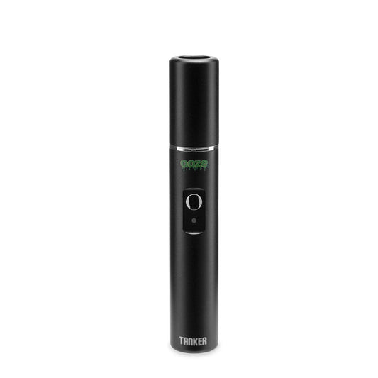 The Ooze Tanker 510 Battery in a sleek Black finish, standing upright. This front view highlights the device's unibody design, the protective thermal cartridge chamber at the top, and the green Ooze logo and Tanker branding near the universal control button.