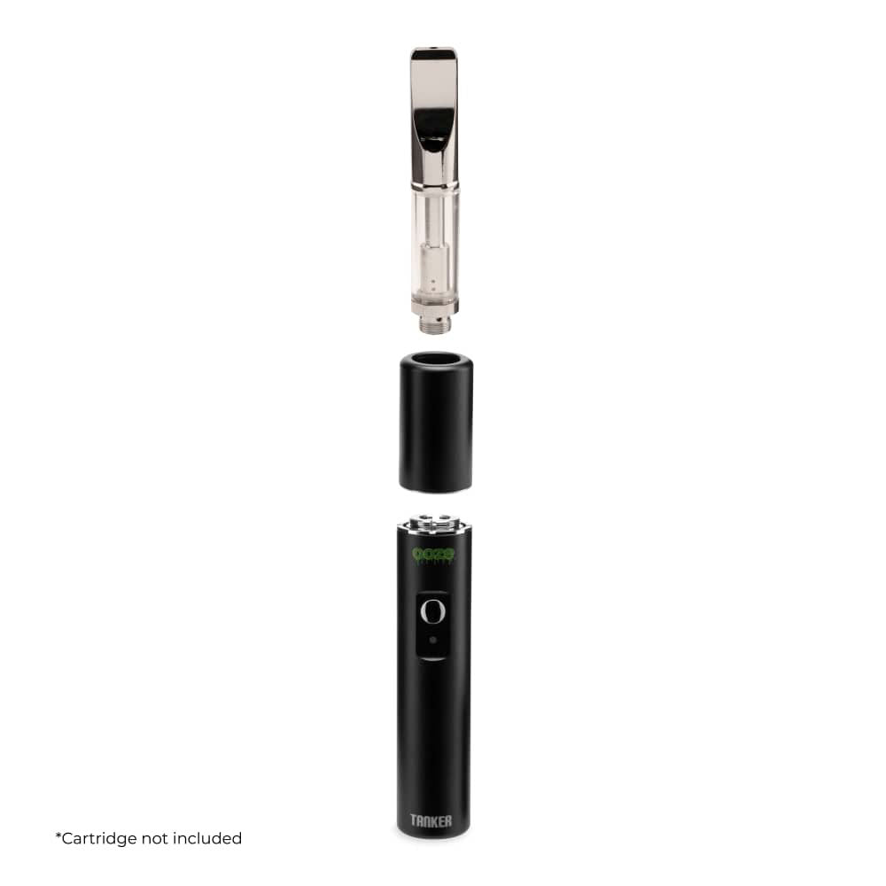 An exploded-view diagram of the Ooze Tanker 510 Battery in Black. This technical breakdown demonstrates the simple assembly process, showing how a 510 cartridge is seated before the protective thermal shield is attached.