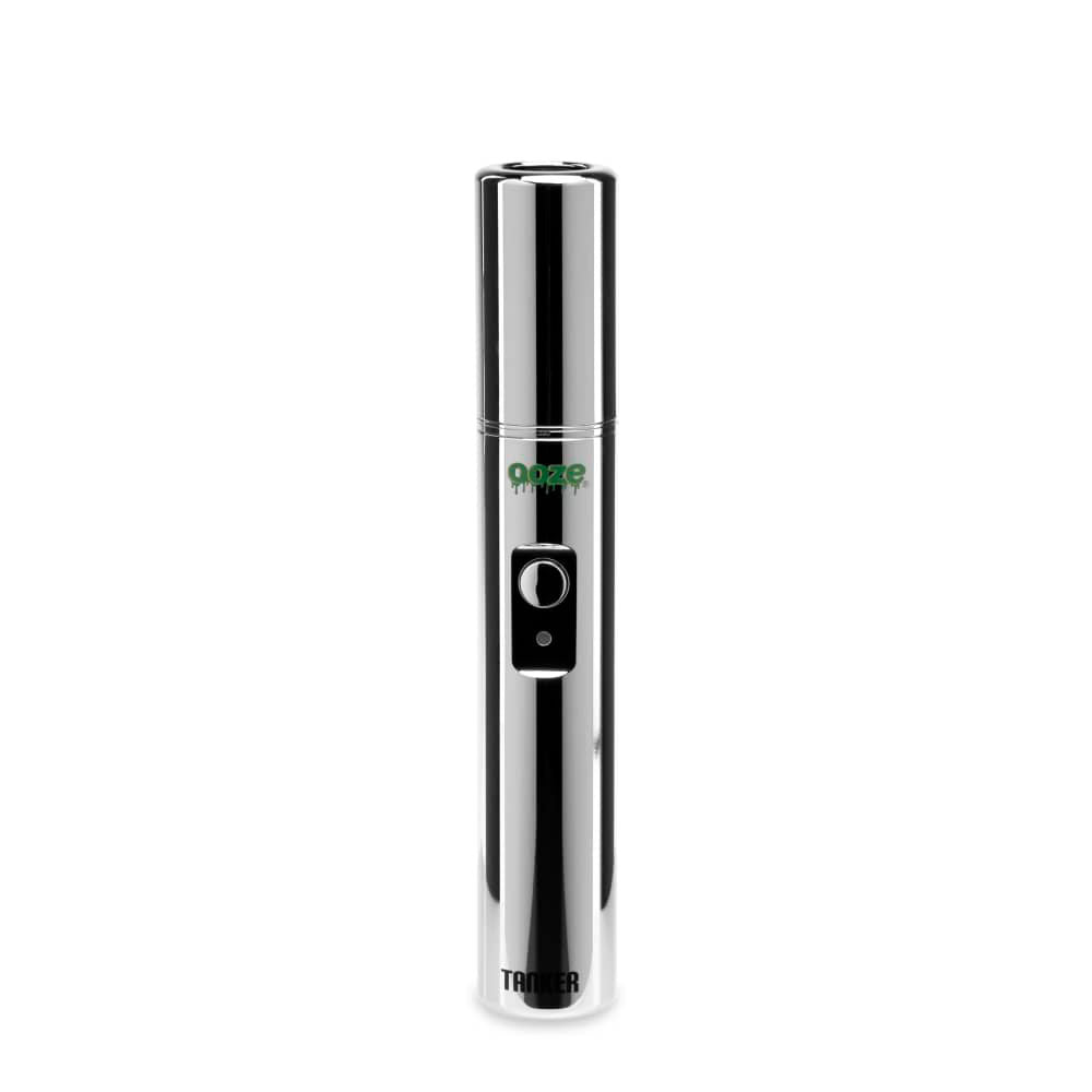 The Ooze Tanker 510 Battery in a highly polished, mirror-like Cosmic Chrome finish. The front view captures the reflective surface and emphasizes the device’s durable construction and ergonomic, pen-style form factor.