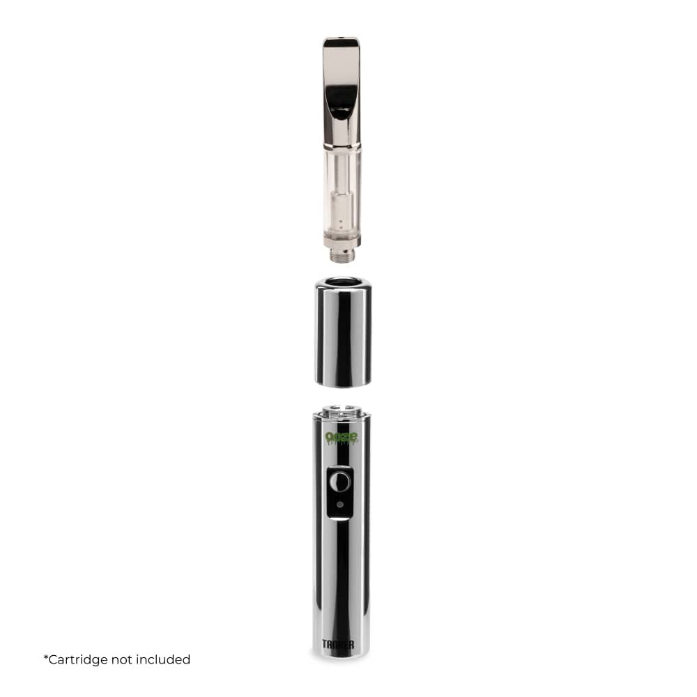 An exploded-view diagram of the Ooze Tanker 510 Battery in Cosmic Chrome. This view showcases the polished components and highlights the protective and insulating benefits of the fully enclosed thermal chamber design.