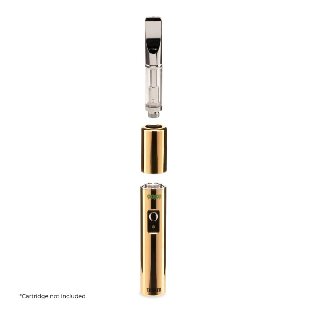 An exploded-view diagram of the Ooze Tanker 510 Battery in Lucky Gold. The image clearly shows the disassembly of the three key components: the 500mAh battery base, the detachable thermal chamber sleeve, and a generic 510-thread cartridge (not included).