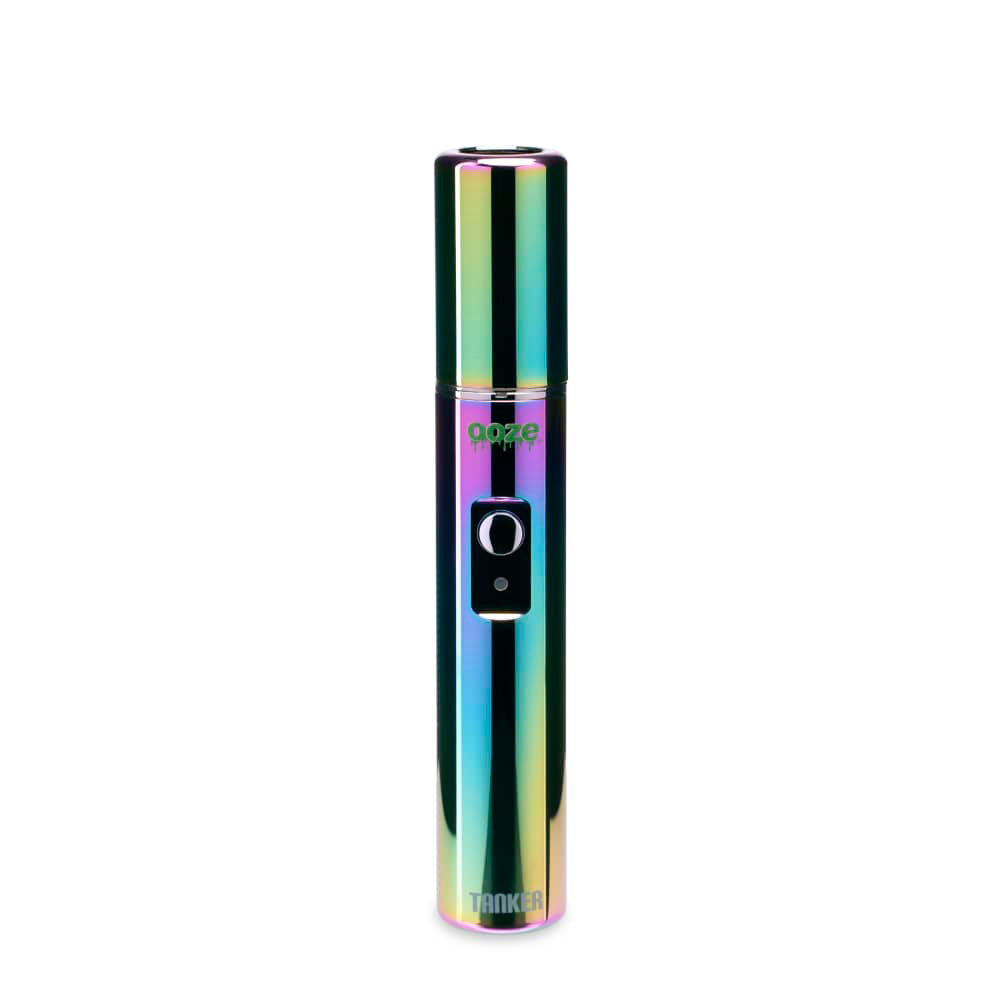 The Ooze Tanker 510 Battery in a vibrant, multi-color Rainbow PVD finish, standing upright. This shot shows the device fully assembled, demonstrating how the integrated thermal sleeve creates a robust, protective barrier around a 510 cartridge.