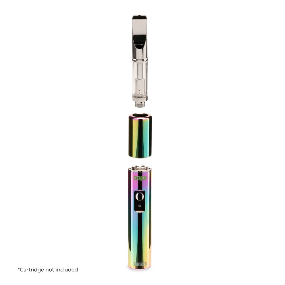 An exploded-view diagram of the Ooze Tanker 510 Battery in Rainbow, illustrating how the distinct thermal cartridge chamber separates from the battery base. This view emphasizes the device's modular, protective design.