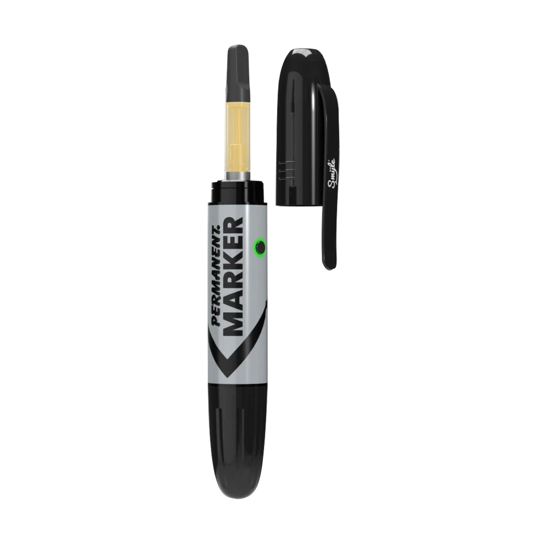 Penjamin Permanent Marker stealth vape battery with cap removed, revealing a 510 thread cartridge hidden inside a realistic grey marker body with green LED indicator.