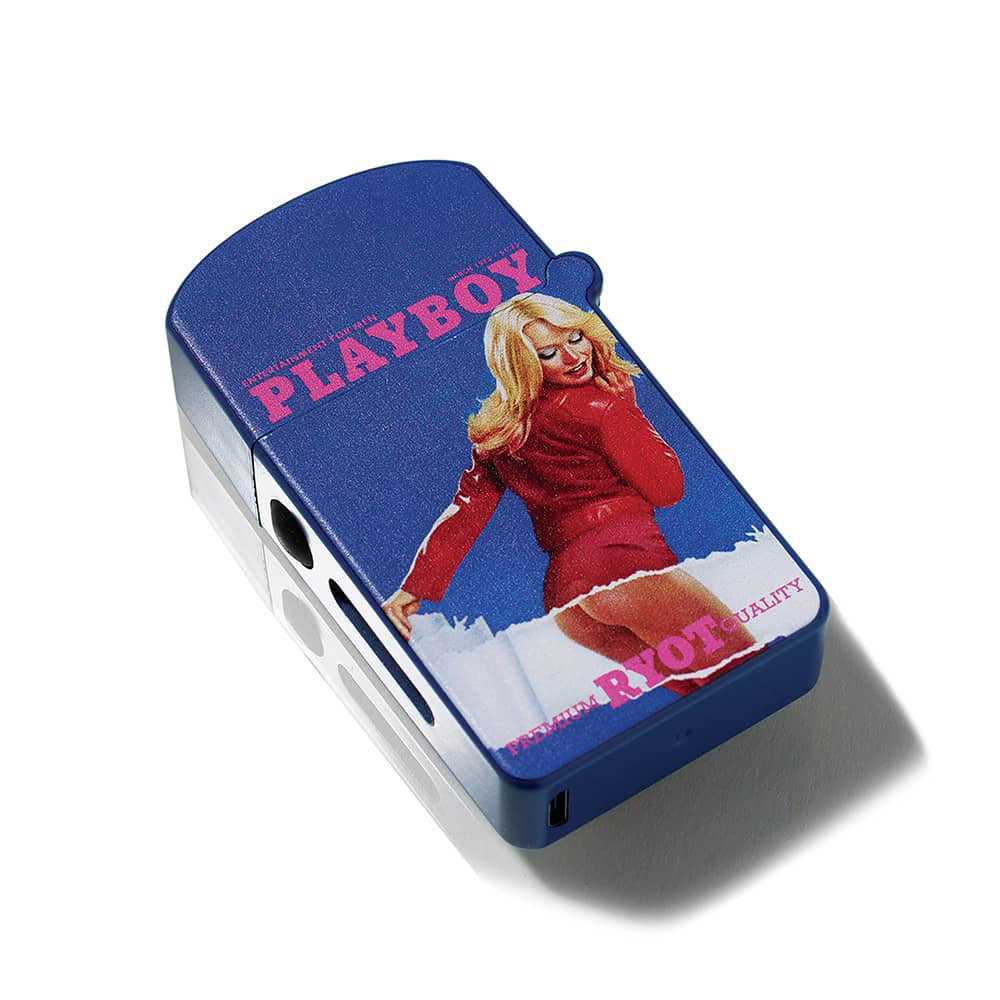 A crisp, front-facing studio product shot of the Playboy x RYOT VERB 510 vape battery in the Classic Cover design. The device is shown entirely snapped shut with the lid down, highlighting the iconic vintage magazine collage print on the side panels contrasted by a premium, smooth black structural frame.