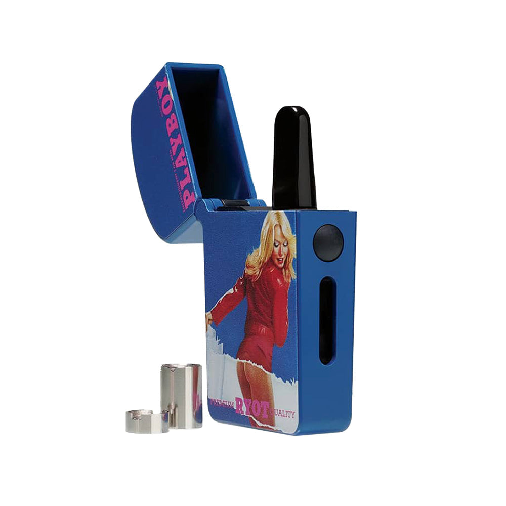 A detailed studio product shot of the Playboy x RYOT VERB 510 vape battery in the Classic Cover design flipped completely open. The internal chamber displays an installed 510 oil cartridge, while the included short and medium magnetic thread adapters are laid out cleanly on the surface next to the base of the device.