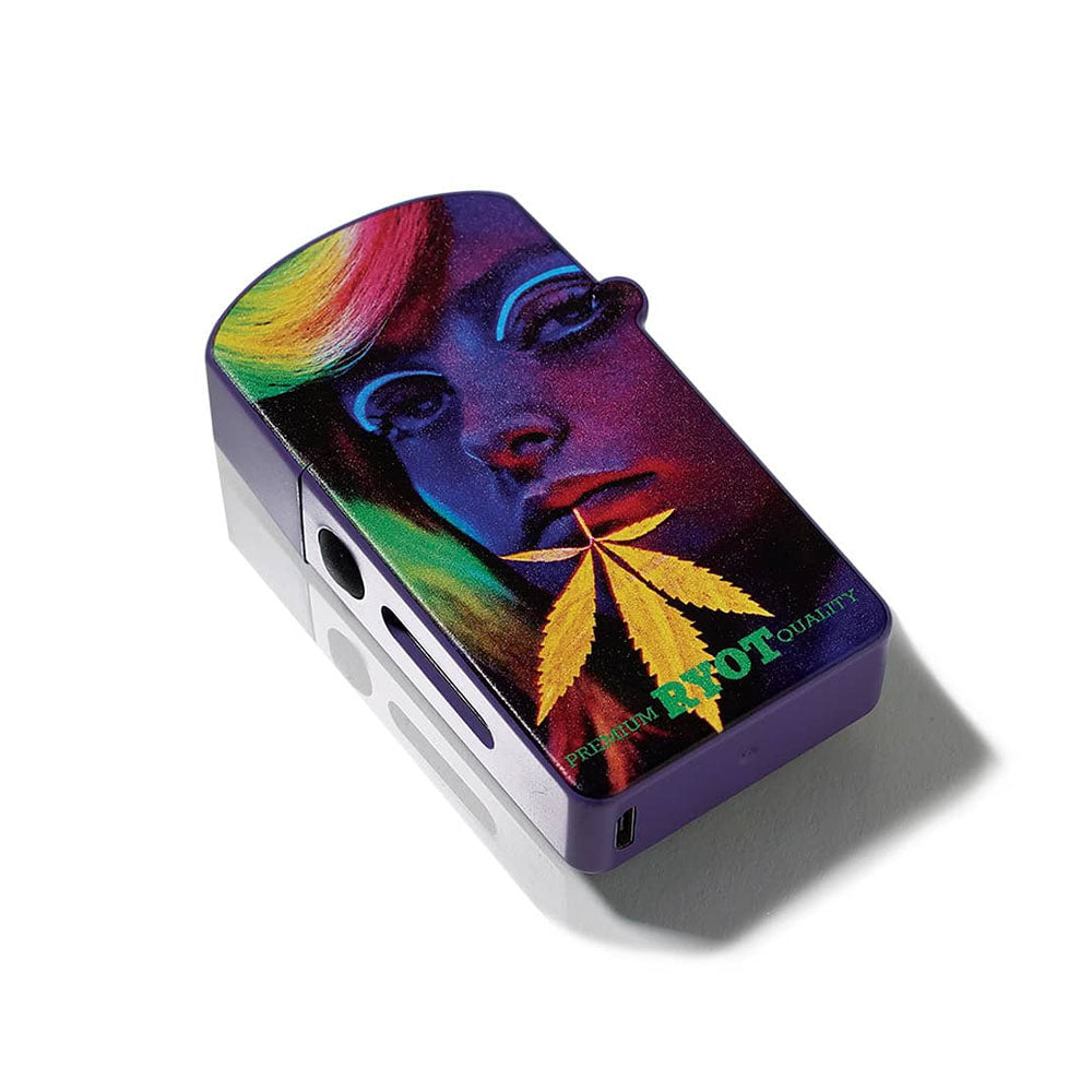A crisp, front-facing studio product shot of the Playboy x RYOT VERB 510 vape battery in the Playboy Leaf design. The device stands vertically and fully closed, displaying a custom black pattern on the protective panels made of repeating, stylized pot leaves integrated seamlessly with the iconic Playboy bunny logo outline.