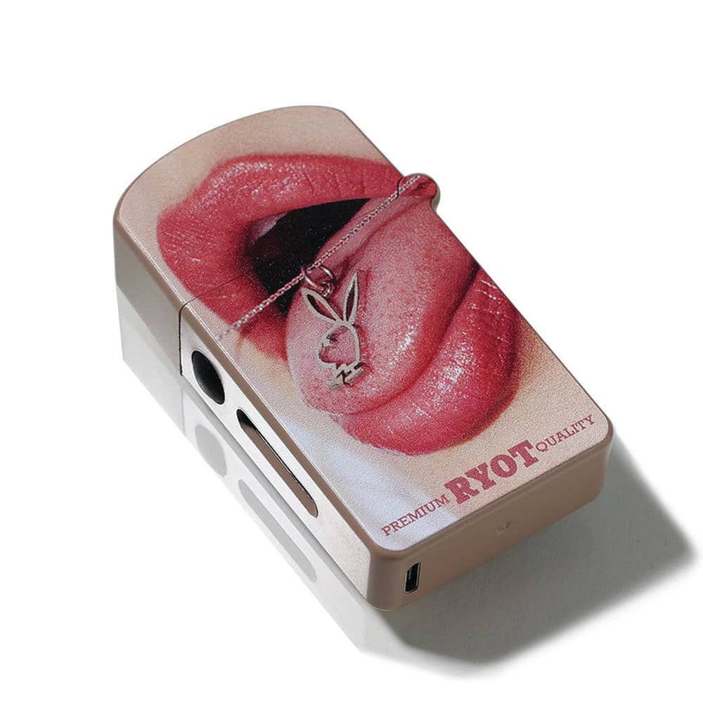 A clean, front-facing studio product shot of the Playboy x RYOT VERB 510 vape battery in the Playboy Pendant design. The device is shown completely closed with the flip-top lid snapped shut, showcasing a bold design featuring an all-over print of the classic Playboy bunny pendant necklace graphic over a solid black background.