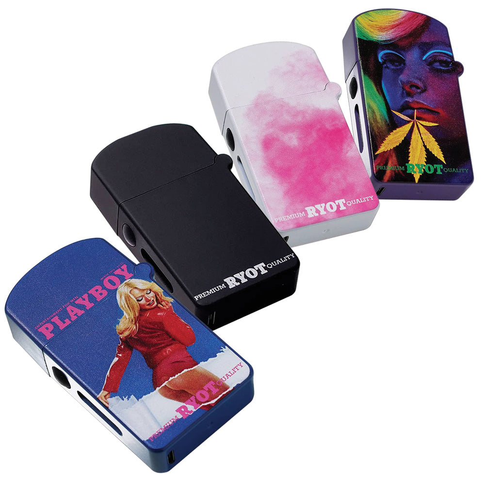 A clean studio product shot displaying four custom graphic options of the official Playboy x RYOT VERB 510 vape battery standing side-by-side. From left to right, the lineup showcases the "Classic Cover" edition flipped open with an installed cartridge, followed by the sleek solid Black edition with the white Bunny logo, the artistic "Pink Smoke" style, and the green "Playboy Leaf" pattern, all shown closed in their stealth pocket-lighter forms.