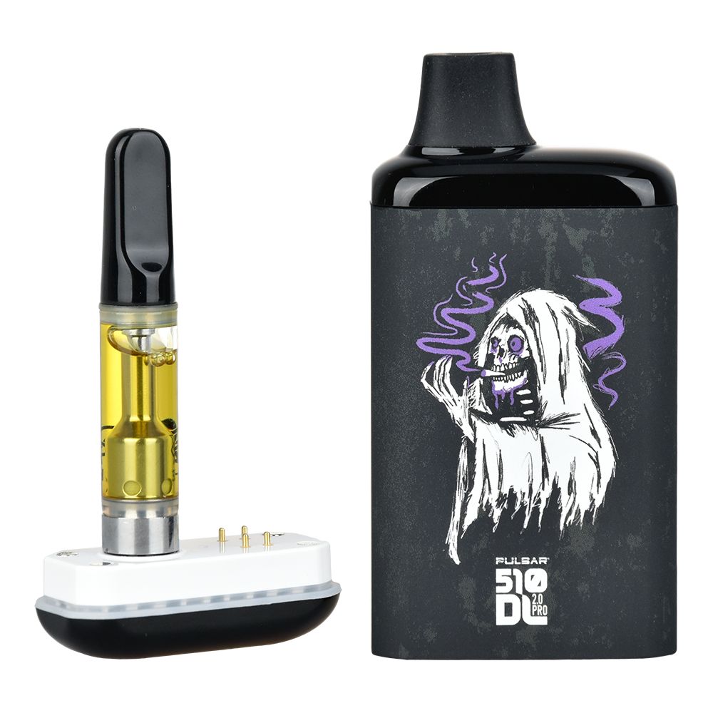 Internal view of the Pulsar 510 DL 2.0 Pro showing a 510 vape cartridge connected to the magnetic base alongside the Blackcraft Cult outer shell.
