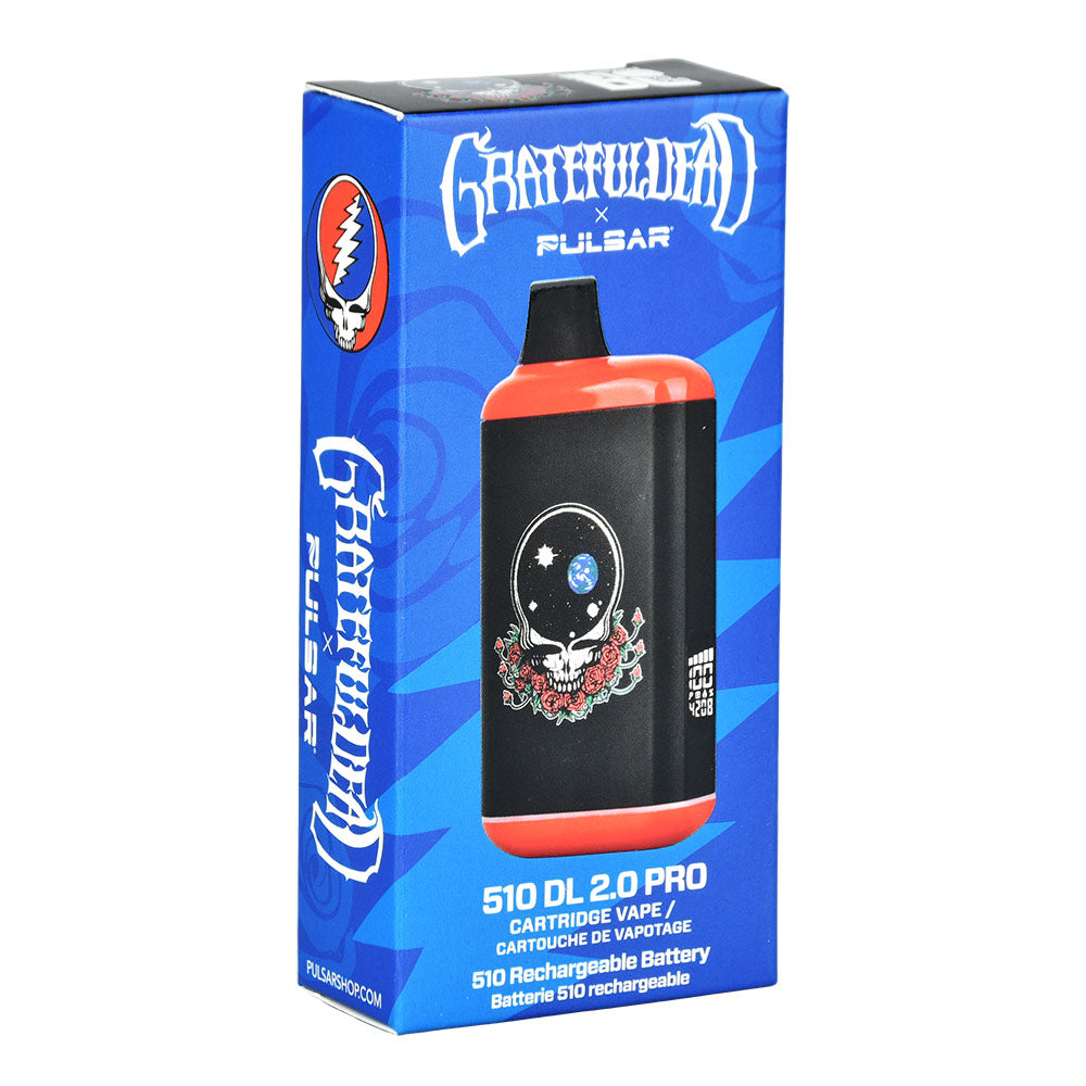 The official retail packaging for the Pulsar 510 DL 2.0 Pro x Grateful Dead Edition collaboration, showcasing the black 'Space Your Face' rechargeable cartridge battery. Genuine licensed Pulsar gear available at Bong Bros!