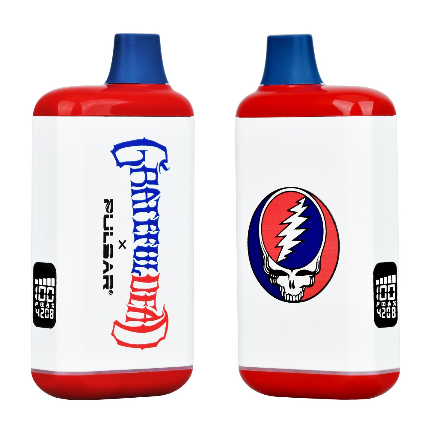 Dual-side view of the white and red Pulsar 510 DL 2.0 Pro Grateful Dead Edition, featuring the classic 'Steal Your Face' logo on one side and official 'Grateful Dead x Pulsar' branding on the other, both showing the digital LED display. Grab this collector's piece at Bong Bros!