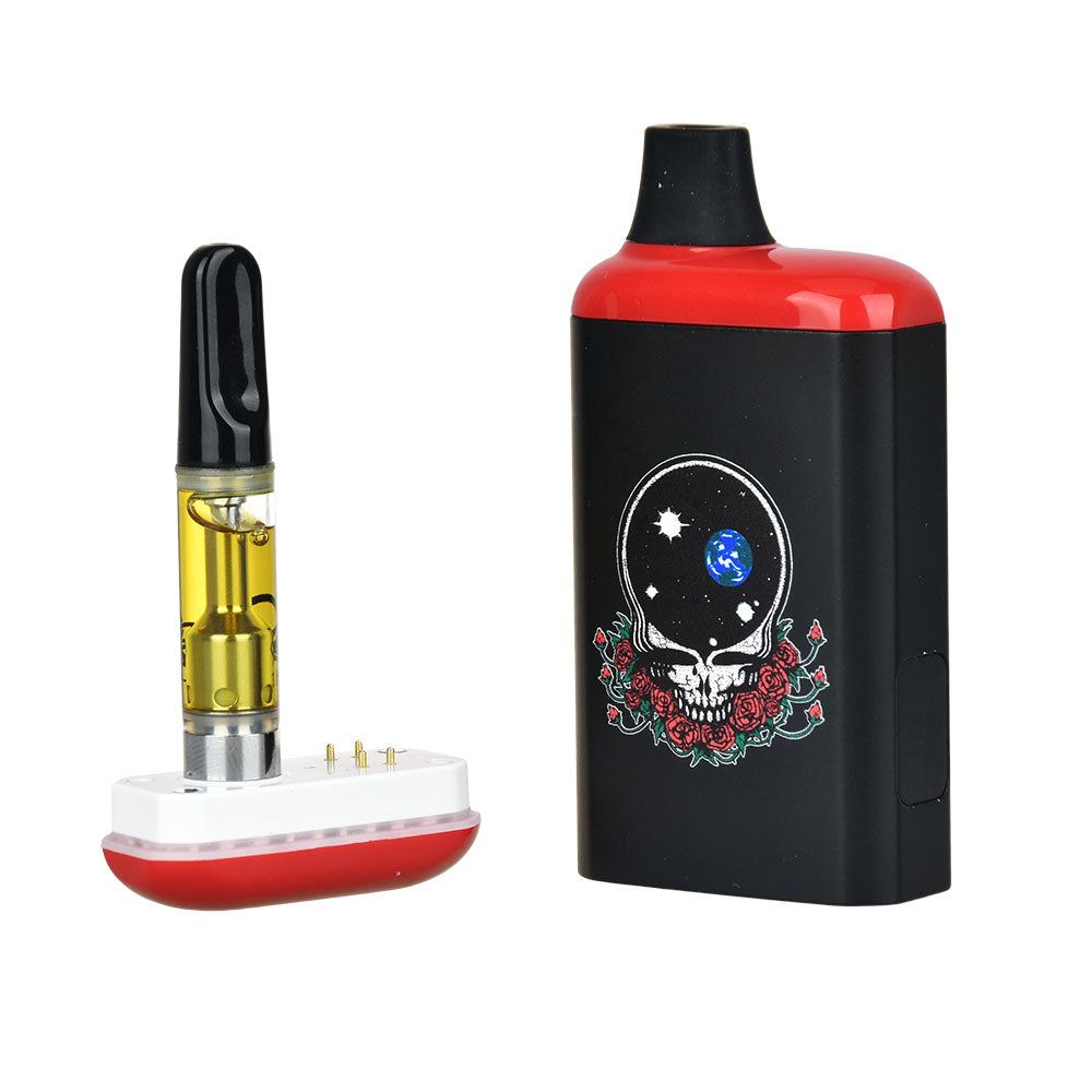 The Pulsar 510 DL 2.0 Pro Grateful Dead Edition shown disassembled, demonstrating how a 510-thread oil cartridge attaches to the magnetic base and is completely concealed within the 'Space Your Face' branded bar. Secure your gear at Bong Bros!