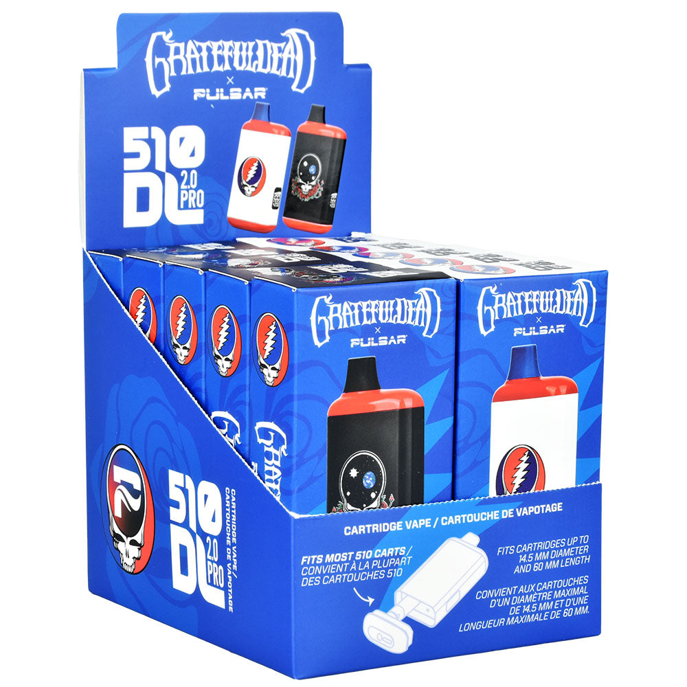 Pulsar 510 DL 2.0 Pro x Grateful Dead Edition retail display box, highlighting compatibility for 510 cartridges up to 14.5mm diameter and 60mm length. Features official Steal Your Face and Space Your Face branding. Get authentic gear at Bong Bros!