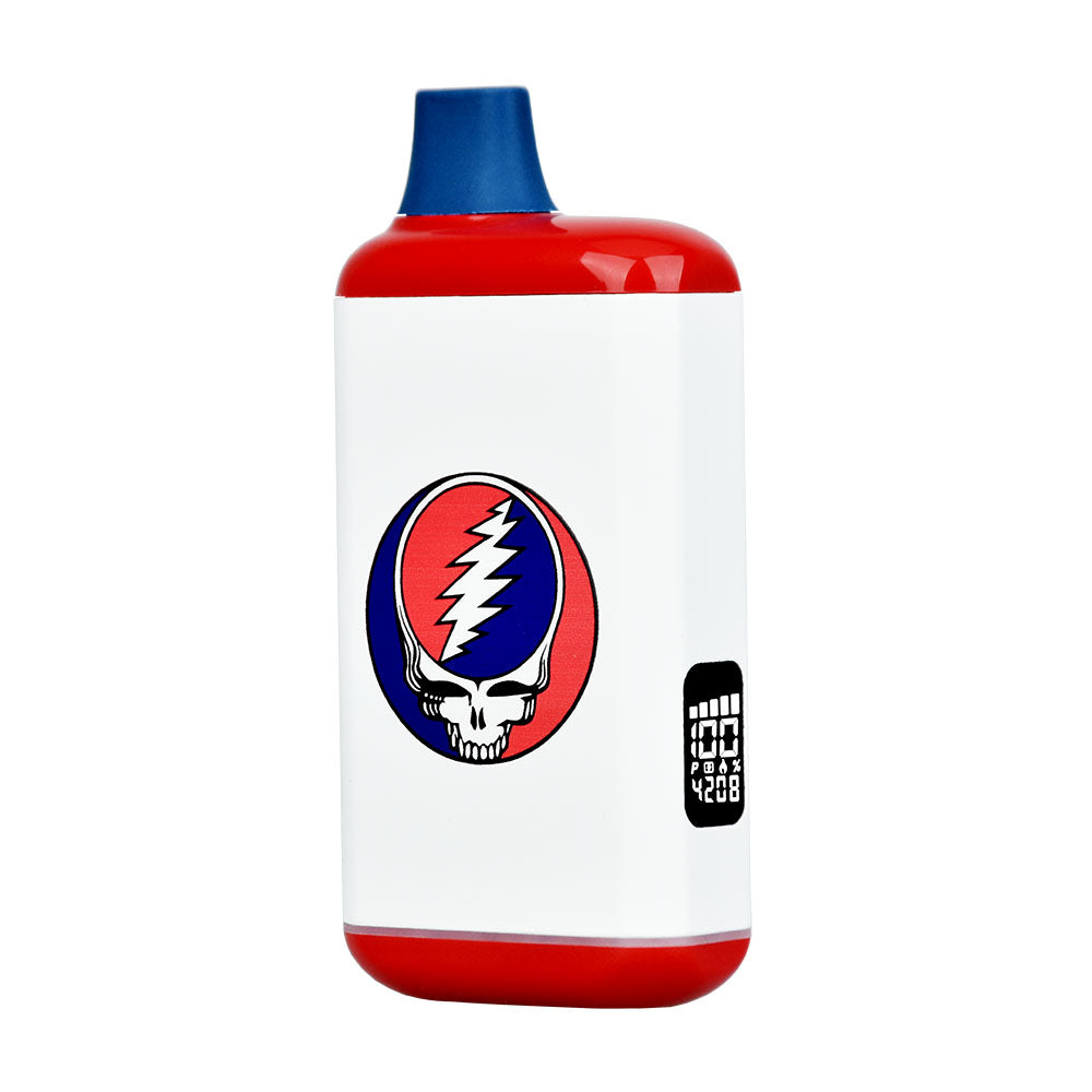 A profile view of the Pulsar 510 DL 2.0 Pro Grateful Dead Edition vape battery in white and red, featuring the iconic 'Steal Your Face' skull logo and the integrated digital puff counter and battery life screen. Shop official Pulsar collabs at Bong Bros!