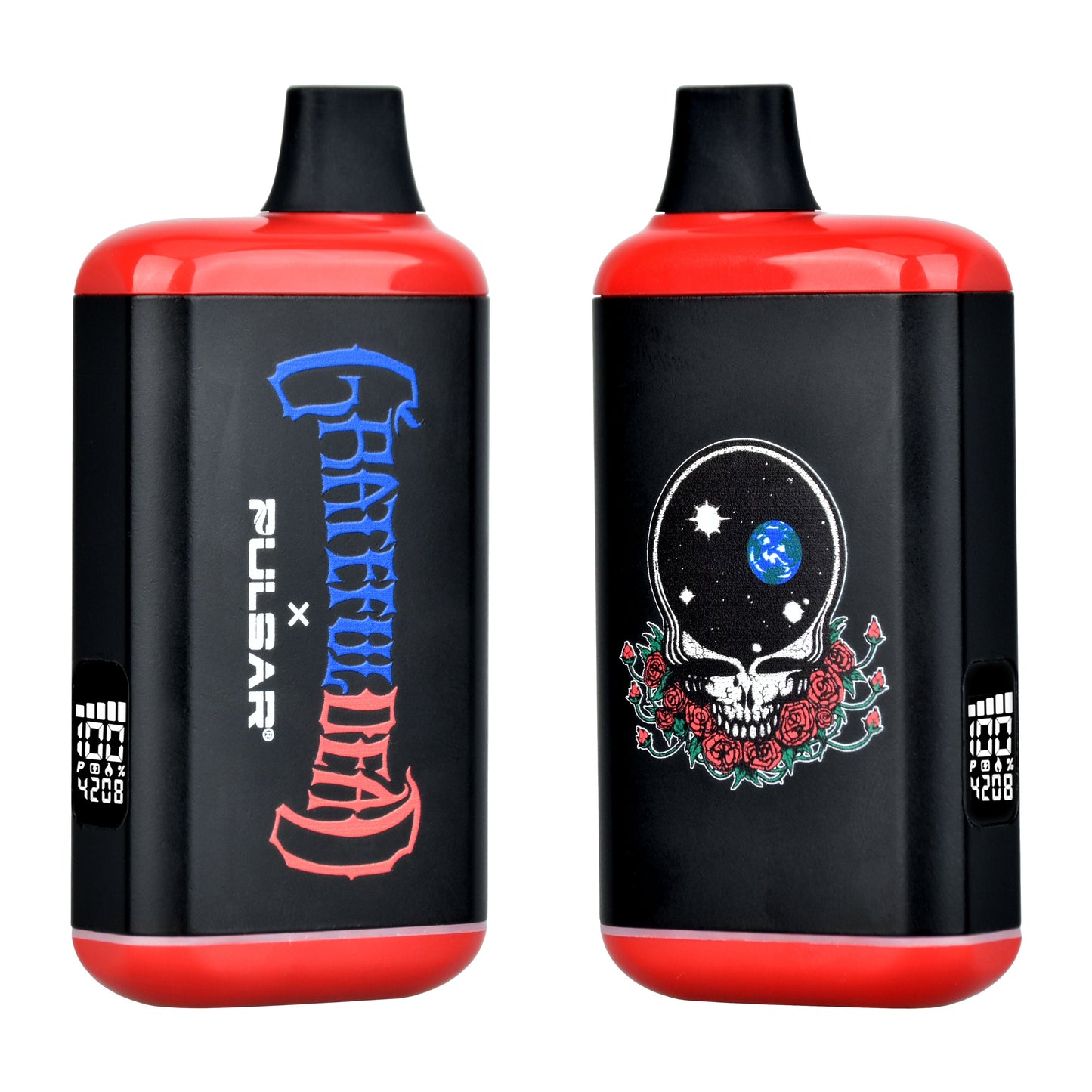 Two angled views of the Pulsar 510 DL 2.0 Pro Grateful Dead 'Space Your Face' battery, showcasing the iconic skull with roses graphic on black casing and the active digital display. Official merch at Bong Bros!