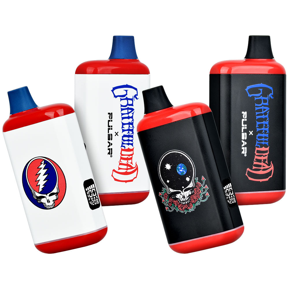A collection of Pulsar 510 DL 2.0 Pro Grateful Dead Edition vape batteries featuring iconic Stealie and Space Your Face graphics on white and black discreet vape bars with digital displays. Available at Bong Bros!