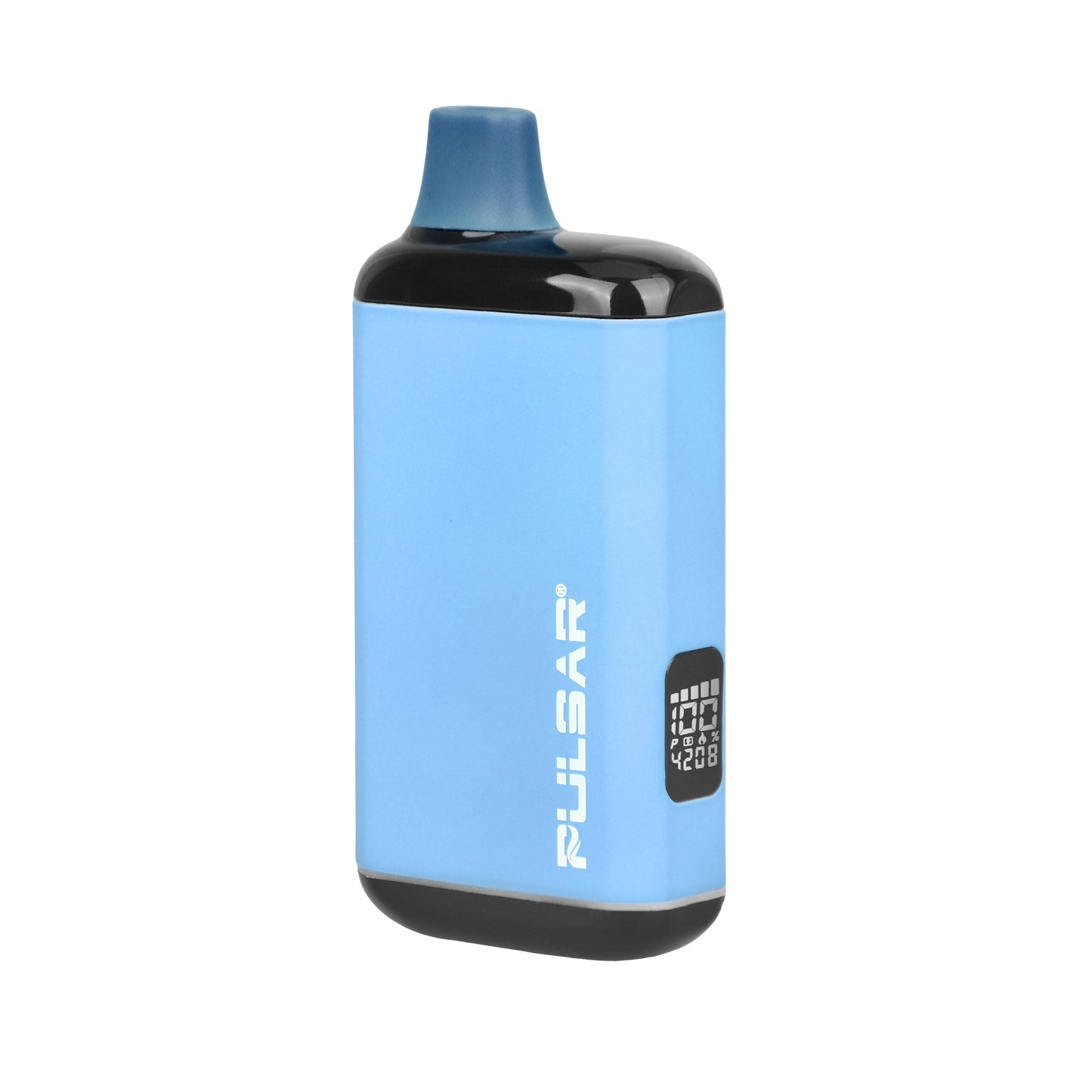 Angled profile of the Pulsar 510 DL 2.0 Pro Thermo battery in its light blue heat-sensitive active state, featuring the illuminated digital display with puff counter and voltage settings. Available at Bong Bros!