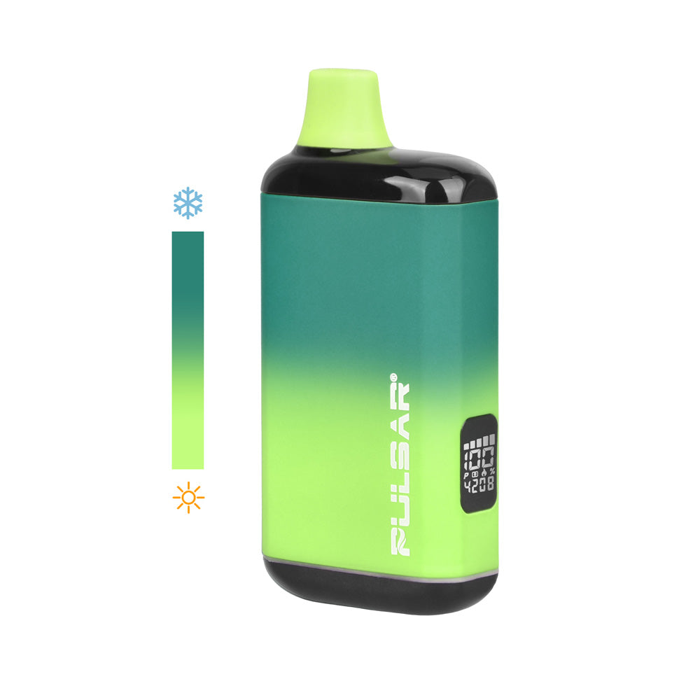 A demonstration of the Pulsar 510 DL 2.0 Pro Thermo battery in green. Shows the transitioning from a cool state (snowflake icon) to a warm, activated state (sun icon), highlighting the heat-sensitive technology.