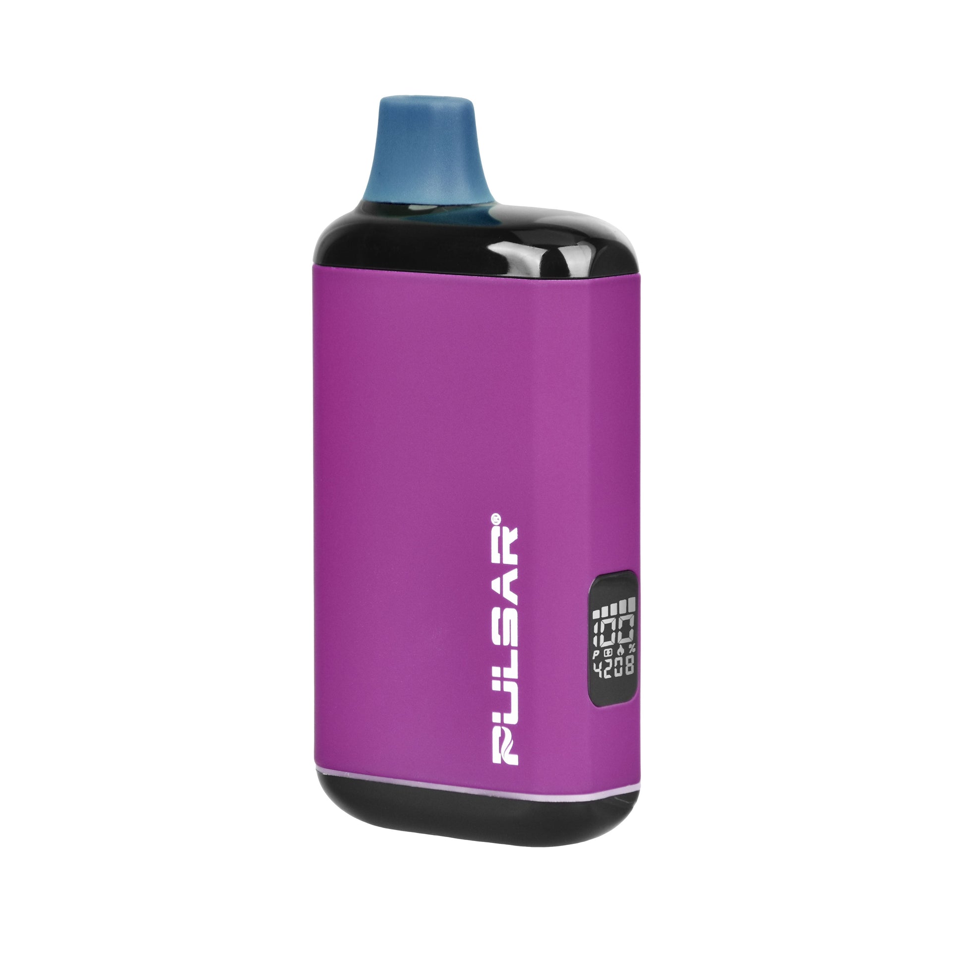 Angle view of the Pulsar 510 DL 2.0 Pro Thermo battery in a solid purple heat-sensitive finish, featuring the high-definition digital display with puff counter and battery life indicator. Get the full collection at Bong Bros!