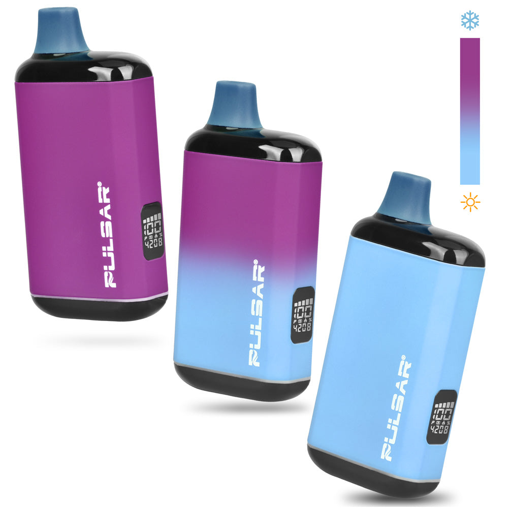 Demonstration of the Pulsar 510 DL 2.0 Pro Thermo battery in purple, showing the heat-sensitive transition from a solid purple (cold) to a bright light blue (warm/active) state, featuring the digital display and puff counter. Only at Bong Bros!