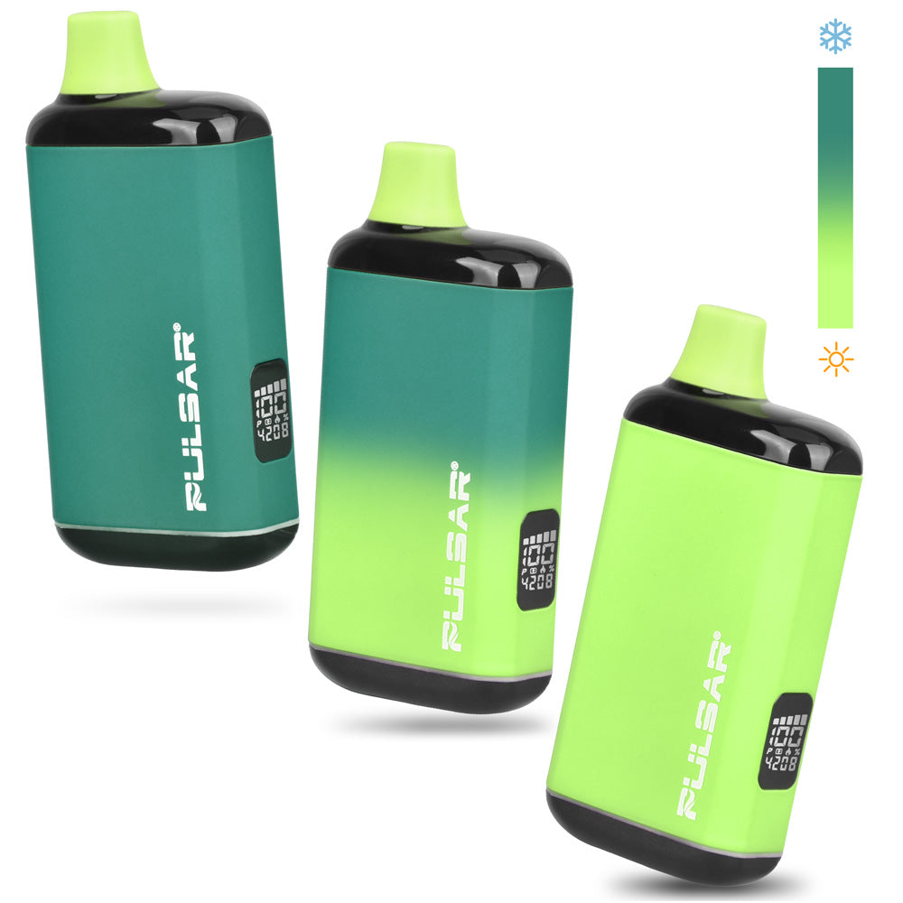 Visual demonstration of the Pulsar 510 DL 2.0 Pro Thermo green battery, showing the transition from a cold deep teal finish (snowflake icon) to a warm, bright green active state (sun icon), including the activated digital screen.