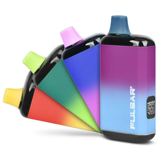 A fan-style lineup of the Pulsar 510 DL 2.0 Pro Thermo Series vape batteries, showcasing color-changing heat-sensitive finishes and the integrated digital puff counter and voltage screen. Get yours at Bong Bros!