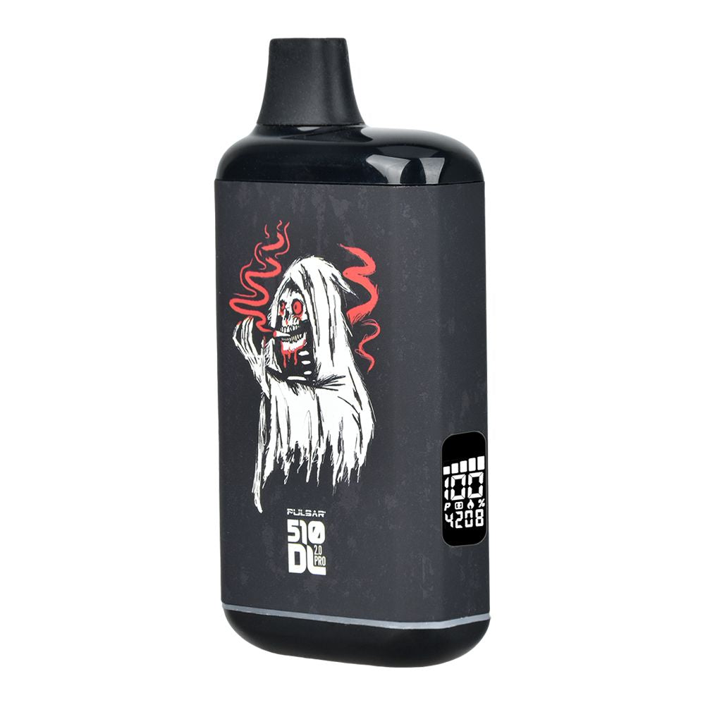 Pulsar 510 DL 2.0 Pro Blackcraft Cult edition 510 thread battery with a red smoking Grim Reaper design and digital LED puff counter display.