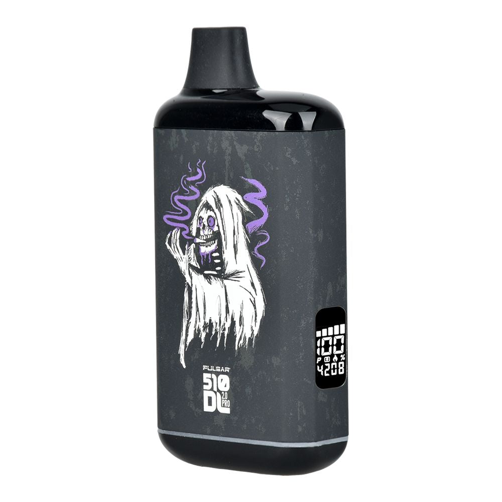 Pulsar 510 DL 2.0 Pro Blackcraft Cult edition vape battery featuring a purple smoking Grim Reaper graphic and integrated digital puff counter.