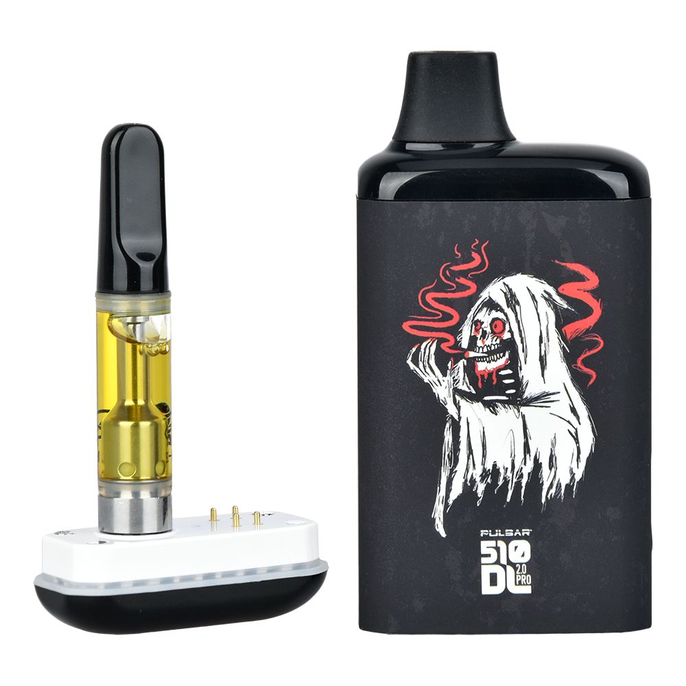 Exploded view of the red Blackcraft Cult Pulsar 510 DL 2.0 Pro showing a 510 vape cartridge attached to the magnetic bottom base next to the protective outer shell.