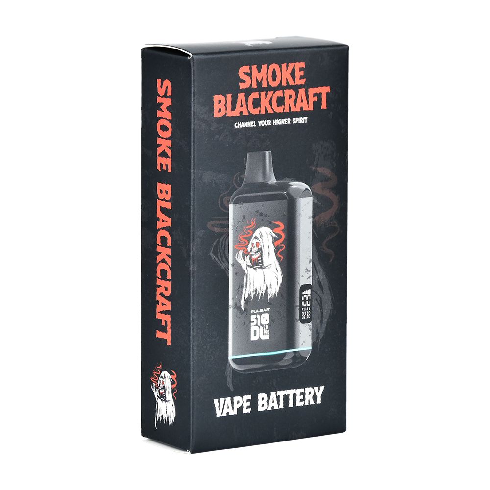 Official retail packaging for the Pulsar 510 DL 2.0 Pro x Blackcraft Cult limited edition vape battery, featuring the 'Channel Your Higher Spirit' slogan.