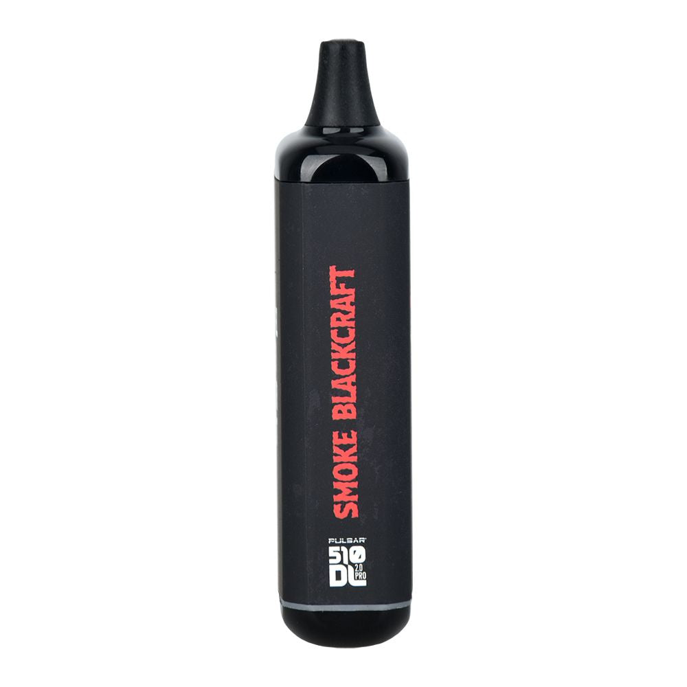 Side profile of the red Pulsar 510 DL 2.0 Pro x Blackcraft Cult vape battery showing the 'Smoke Blackcraft' logo on a sleek matte black finish.