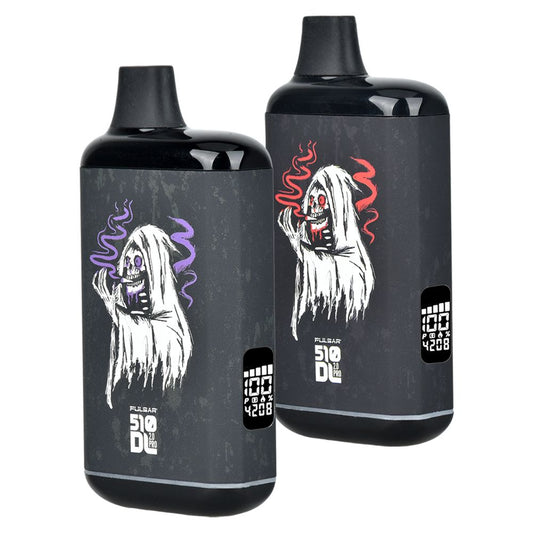 Pulsar 510 DL 2.0 Pro x Blackcraft Cult limited edition discreet vape batteries in purple and red Grim Reaper designs with digital LED displays.