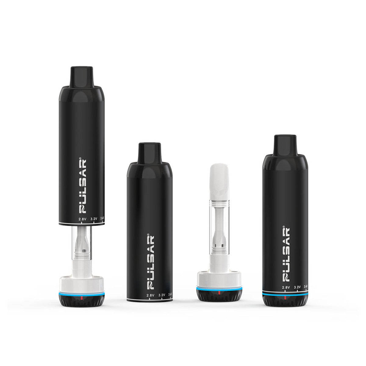 A detailed product breakdown showing multiple Black Pulsar 510 DL 3.0 Twist devices in various stages of disassembly. One unit stands fully assembled; a second has its magnetic chassis half-open; a third shows the upper mouthpiece completely removed next to a standard 510 oil cartridge threaded onto the bottom magnetic adapter ring, clearly illustrating how the cartridge conceals entirely inside the battery.